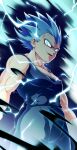  1boy absurdres bare_arms blue_hair bodysuit commentary corruption dragon_ball electricity from_below gloves highres looking_at_viewer male_focus muscular muscular_male pectorals signature sleeveless sm318 smile solo spiky_hair super_saiyan super_saiyan_blue vegeta white_gloves 