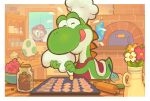  1boy apron blue_eyes bowl chef_hat cherry cookie egg facial_hair flower food fruit gashi-gashi hat jar mario super_mario_bros. mustache oven oven_mitts red_apron red_flower red_headwear rolling_pin solo_focus tongue tongue_out vase white_flower window yellow_flower yoshi 