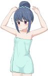  1girl arms_up bangs bare_arms bare_shoulders blue_hair blush closed_mouth collarbone commentary_request cowboy_shot eyebrows_visible_through_hair groin hair_bun highres hippo_(hirople) naked_towel see-through shima_rin simple_background solo towel translation_request violet_eyes white_background yurucamp 