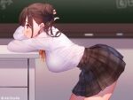  1girl bent_over black_skirt blurry breasts brown_eyes brown_hair cowboy_shot depth_of_field from_side hair_bun high-waist_skirt idolmaster idolmaster_shiny_colors kuri_choko large_breasts long_hair long_sleeves miniskirt neck_ribbon plaid plaid_skirt pleated_skirt revision ribbon school_uniform shirt shirt_tucked_in skirt solo sonoda_chiyoko tied_hair white_shirt 