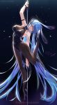  1girl :d absurdres animal_ears arm_strap arm_up armpits artist_name azur_lane bangs black_footwear black_legwear black_leotard blue_eyes blue_hair blush bodystocking breasts collarbone covered_navel dark_background dated eyebrows_visible_through_hair fallen-leaves full_body hair_intakes high_heels highres large_breasts latex_leotard leg_up leotard looking_down neon_trim new_jersey_(azur_lane) new_jersey_(exhilarating_steps!)_(azur_lane) official_alternate_costume open_mouth pole_dancing rabbit_ears smile solo strapless strapless_leotard stripper_pole 