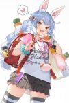  1girl :d animal_ears backpack bag bag_charm bangs blue_hair blush braid bunny-shaped_pupils carrot_hair_ornament charm_(object) closed_umbrella clothes_writing collarbone commentary_request crime_prevention_buzzer fake_animal_ears fang food-themed_hair_ornament hair_ornament heart highres holding hololive ishihara_(kuniyoshi) layered_skirt long_hair looking_at_viewer miniskirt multicolored_hair open_mouth polka_dot_skirt rabbit_ears randoseru red_eyes scrunchie shirt simple_background skirt smile solo speech_bubble spoken_heart striped striped_legwear thick_eyebrows thigh-highs twin_braids two-tone_hair umbrella usada_pekora white_background white_hair white_shirt wrist_scrunchie zettai_ryouiki 