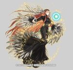  1girl ashera_(fire_emblem) attack belly_chain black_dress closed_mouth dress feather_hair_ornament feathers fire_emblem fire_emblem:_radiant_dawn fire_emblem_heroes full_body hair_ornament jewelry kita_senri long_hair magic official_art outstretched_arms red_eyes redhead 