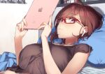  1girl 92m ahoge airpods bangs bed bed_sheet book breasts brown_eyes brown_shirt closed_mouth collarbone glasses highres holding indoors ipad large_breasts light_brown_hair looking_at_viewer looking_to_the_side lying on_back original pillow poster_(object) shirt short_hair smile solo swept_bangs tablet_pc upper_body 
