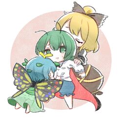  3girls antennae arm_grab bangs black_bow black_shirt black_shorts blonde_hair blue_hair bow brown_dress butterfly_wings chibi closed_eyes commentary_request dress eternity_larva full_body girl_sandwich green_dress green_eyes green_hair hair_bow hair_bun hair_ornament highres kurodani_yamame kurotaro leaf_hair_ornament long_sleeves multiple_girls open_mouth sandwiched shirt shirt_grab short_hair shorts smile sweatdrop touhou white_background white_shirt wings wriggle_nightbug 