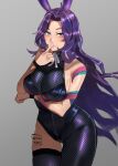  1girl animal_ears asymmetrical_legwear bare_shoulders blue_eyes blush breasts copyright_request grey_background hand_up hun_yan index_finger_raised large_breasts long_hair looking_at_viewer purple_hair rabbit_ears simple_background solo tattoo very_long_hair 