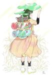  1girl arm_up backpack bag bangs blush boots cat dress fish from_behind full_body highres kawatsu_yuuki leaf original plant profile signature solo standing white_footwear yellow_dress 