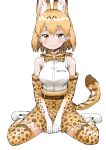  1girl absurdres animal_ears bare_shoulders blonde_hair blush boots bow bowtie commentary_request earthisfire elbow_gloves extra_ears eyebrows_visible_through_hair gloves high-waist_skirt highres kemono_friends print_gloves print_neckwear print_skirt serval_(kemono_friends) serval_ears serval_girl serval_print serval_tail shirt short_hair sitting skirt sleeveless smile solo tail thigh-highs wariza white_footwear white_shirt yellow_eyes zettai_ryouiki 
