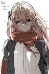  bangs blue_eyes character_name commentary_request crossed_bangs e_sky_rugo eyebrows girls_frontline grey_jacket half-closed_eyes head_tilt highres jacket long_hair looking_at_viewer pink_hair red_shawl shawl shirt side_ponytail sidelocks simple_background sketch smile st_ar-15_(girls&#039;_frontline) white_background white_shirt 