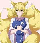  1girl animal_ear_fluff animal_ears arms_under_breasts blonde_hair breasts commentary_request crossed_wrists dress fox_ears fox_tail frown highres large_breasts multiple_tails pink_background short_hair simple_background solo sunaguma tabard tail tearing_up touhou upper_body white_dress yakumo_ran yellow_eyes 