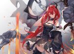  1girl absurdres arknights bare_shoulders breasts chain collar demon demon_girl demon_horns dress highres holding holding_weapon horns jacket kneehighs long_hair looking_at_viewer molten_rock redhead small_garbage smile solo spiked_collar spikes surtr_(arknights) violet_eyes weapon 