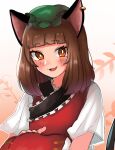  1girl :d animal_ears bangs blunt_bangs blush breasts bright_pupils brown_eyes brown_hair cat_ears cat_tail chen dress fang frills hansoku_tantei_satori hat highres jewelry leaf leaf_background looking_at_viewer medium_breasts medium_hair mob_cap open_mouth purupurutamago45 red_dress simple_background single_earring smile solo tail touhou upper_body white_background 