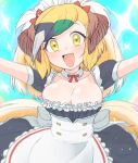  alternate_costume apron arms_up bird_girl bird_tail bird_wings black_dress blonde_hair blush bow bowtie brown_hair commentary_request cowboy_shot detached_collar dress enmaided eyebrows_visible_through_hair frilled_apron frilled_dress frills gedougawa greater_bird-of-paradise_(kemono_friends) green_hair grey_hair hair_bow head_wings highres kemono_friends maid official_alternate_costume open_mouth puffy_short_sleeves puffy_sleeves red_bow red_neckwear short_hair short_sleeves smile sparkle white_apron white_hair wings yellow_eyes 