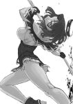  1girl boots capelet commentary_request cowboy_shot dress glaive greyscale highres kantai_collection mechanical_halo monochrome mrdotd pleated_dress pose remodel_(kantai_collection) short_hair simple_background solo tatsuta_(kancolle) water 