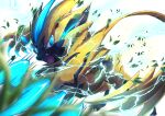  blue_eyes blurry claws electricity fangs from_below gen_7_pokemon highres leaves_in_wind looking_at_viewer mythical_pokemon no_humans open_mouth pokemon pokemon_(creature) ririri_(user_rkrv7838) solo tongue white_background yellow_fur zeraora 