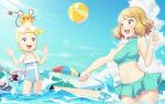  &gt;_&lt; 2girls :d ball beach beachball bikini bikini_skirt blonde_hair blue_bikini blue_eyes blue_skirt blue_sky blue_swimsuit blurry blurry_background bonnie_(pokemon) breasts casual_one-piece_swimsuit clouds commentary covered_collarbone covered_navel day dedenne english_commentary gazing_eye gen_6_pokemon highres medium_breasts medium_hair miniskirt multiple_girls navel on_head one-piece_swimsuit open_mouth outdoors parasol pleated_skirt pokemon pokemon_(anime) pokemon_(creature) pokemon_on_head pokemon_xy_(anime) serena_(pokemon) shiny shiny_hair short_hair skirt sky smile sparkle sunlight swimsuit umbrella 