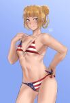  1girl american_flag_bikini analogue:_a_hate_story bangs bikini bikini_pull blonde_hair blue_background blue_eyes blunt_bangs blush braid breasts clothes_pull commission copyright_request cowboy_shot double_bun flag_print gradient gradient_background hand_on_hip hun_yan looking_at_viewer mute_(analogue:_a_hate_story) navel small_breasts smile solo swimsuit under_boob 