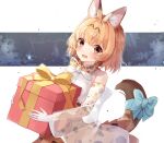  1girl animal_ears bare_shoulders blonde_hair blush bow bowtie commentary_request elbow_gloves eyebrows_visible_through_hair fang gift gloves high-waist_skirt highres kemono_friends open_mouth print_gloves print_neckwear print_skirt rain serval_(kemono_friends) serval_ears serval_girl serval_print serval_tail shirt short_hair skirt sleeveless solo tail tail_bow tail_ornament unwoo770122 upper_body white_shirt yellow_eyes 