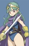  1girl blue_background blue_leotard cape capelet circlet cloak commentary_request cowboy_shot dragon_quest dragon_quest_iii gloves green_hair highres leotard long_hair looking_at_viewer muramasa_mikado purple_cape red_eyes roto simple_background smile solo sword weapon yellow_gloves 