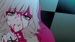  1girl bangs blood blood_on_face bloody_clothes brown_eyes checkered checkered_floor collared_shirt dangan_ronpa_(series) dangan_ronpa_3_(anime) eyebrows_visible_through_hair face light_brown_hair medium_hair nanami_chiaki neck_ribbon parted_lips pink_blood red_ribbon ribbon shirt solo spoilers teeth tuteurfars_shin white_shirt 