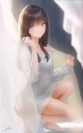  1girl bangs barefoot brown_eyes brown_hair commentary curtains dress english_commentary eyebrows_visible_through_hair from_side full_body grey_dress highres long_hair long_sleeves looking_at_viewer looking_to_the_side ojay_tkym original parted_lips signature solo squatting sunlight 