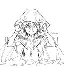  bangs cape character_request closed_mouth collar collarbone commentary_request crossed_bangs fushitasu gender_request greyscale hair_between_eyes hands_up hood hood_up jewelry monochrome necklace shirt short_hair smile upper_body yu-gi-oh! 