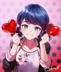  aqua_eyes balloon bangs black_hair black_jacket blue_eyes candy cocomet dark_blue_hair dotted_quarter_note floral_print food grin holding holding_balloon holding_candy holding_food holding_lollipop jacket ladybug_(character) lollipop marinette_dupain-cheng md5_mismatch miraculous_ladybug pale_skin patterned_clothing resolution_mismatch shirt short_twintails smile source_larger twintails white_shirt 