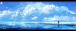  1girl bird blue_sky blur border cloud_focus clouds cloudy_sky commentary_request condensation_trail dove dress fantasy flying from_behind hair_down highres lifeline_(a384079959) multicolored reflective_water scenery seaweed signature sky solo standing translucent white_hair wind wind_lift 
