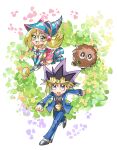  1boy 1girl :d bangs belt black_shirt blonde_hair blue_jacket blue_pants blush_stickers chibi clenched_hands commentary_request dark_magician_girl duel_monster fushitasu green_eyes holding jacket kuriboh long_sleeves looking_at_viewer looking_up multicolored_hair mutou_yuugi open_clothes open_jacket open_mouth pants purple_hair school_uniform shirt shoes smile violet_eyes wand yu-gi-oh! 