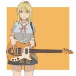  1girl bangs blonde_hair bracelet clothes_around_waist collared_shirt dress_shirt grey_skirt guitar gyaru instrument irenji jacket jacket_around_waist jewelry love_live! love_live!_nijigasaki_high_school_idol_club medium_hair miyashita_ai neck_ribbon nijigasaki_academy_uniform orange_eyes plaid plaid_skirt pleated_skirt red_neckwear ribbon school_uniform scrunchie shirt short_ponytail sidelocks simple_background skirt solo summer_uniform white_shirt wrist_scrunchie yellow_eyes 