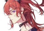  1girl arknights choker close-up face from_side highres horns long_hair redhead simple_background solo surtr_(arknights) taikongchengzhi violet_eyes 