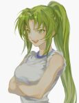  1girl arms_under_breasts bangs bare_shoulders breast_hold breasts commentary_request crossed_arms eyebrows_behind_hair green_eyes green_hair gym_uniform high_ponytail highres higurashi_no_naku_koro_ni long_hair looking_away medium_breasts open_mouth sei_(_mo1008) shiny shiny_hair shirt sidelocks simple_background sleeves_rolled_up solo sonozaki_mion standing upper_body upper_teeth very_long_hair white_background white_shirt 