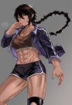  1girl abs black_hair black_jacket black_shorts braid braided_ponytail brown_sports_bra cowboy_shot dark-skinned_female dark_skin gradient gradient_background grey_background hand_up highres hun_yan jacket long_hair long_sleeves muscular muscular_female original shorts solo sports_bra 