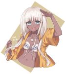  1girl :d arm_up bangs bead_bracelet beads bikini bikini_top blunt_bangs blush bracelet breasts collarbone cropped_torso dangan_ronpa_(series) dangan_ronpa_v3:_killing_harmony dark_skin eyebrows_visible_through_hair frilled_bikini frills jacket jewelry juugonichi_(wheeliex2) long_hair long_sleeves looking_at_viewer low_twintails navel navel_piercing necklace open_mouth orange_background piercing shell_necklace smile solo swimsuit transparent_background twintails upper_body upper_teeth wide_sleeves yellow_jacket yonaga_angie 