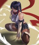  1girl bare_shoulders black_hair black_shorts boots breasts bridal_gauntlets brown_background brown_legwear elbow_gloves expressionless eyepatch gloves highres hun_yan large_breasts legwear_under_shorts long_hair original ponytail red_eyes red_scarf scarf shadow shorts solo thigh-highs thigh_boots white_gloves 