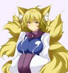 1girl ahoge animal_ear_fluff animal_ears arms_under_breasts blonde_hair breasts dress fox_ears fox_tail grey_background hands_in_opposite_sleeves highres large_breasts light_blush no_hat no_headwear short_hair simple_background smile solo sunaguma tabard tail touhou upper_body white_dress yakumo_ran yellow_eyes 