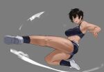  1girl black_hair black_legwear black_shorts black_sports_bra blue_eyes grey_background highres hun_yan kicking looking_at_viewer midriff open_mouth original shoes short_hair shorts simple_background socks solo sports_bra white_footwear 