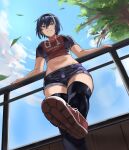  1girl black_hair black_legwear black_shorts blue_sky breasts clouds cloudy_sky cropped_shirt from_below grey_hair hair_between_eyes highres hun_yan large_breasts leaf midriff multicolored_hair navel original parted_lips print_shirt red_footwear shirt shoes short_hair shorts sky smile solo streaked_hair thigh-highs tree 