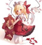  1girl blurry crystal depth_of_field dress flandre_scarlet flat_chest full_body hat highres kneeling looking_at_viewer mob_cap one_side_up pantyhose paragasu_(parags112) red_dress red_eyes simple_background solo stuffed_animal stuffed_toy teddy_bear touhou white_background wings 