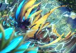  blue_eyes blurry claws electricity fangs from_below gen_7_pokemon grass highres leaves_in_wind looking_at_viewer mythical_pokemon night no_humans open_mouth outdoors pokemon pokemon_(creature) ririri_(user_rkrv7838) solo tongue yellow_fur zeraora 