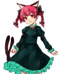  1girl animal_ear_fluff animal_ears braid breasts cat_ears cat_tail cowboy_shot dress extra_ears green_dress highres juliet_sleeves kaenbyou_rin kani_nyan long_hair long_sleeves looking_at_viewer multiple_tails nekomata pointy_ears puffy_sleeves red_eyes redhead simple_background small_breasts smile solo tail touhou twin_braids twintails two_tails white_background 