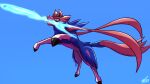  blue_background commentary_request energy_sword ewokakukaede gen_8_pokemon highres jumping legendary_pokemon mouth_hold no_humans pokemon pokemon_(creature) signature simple_background solo sword weapon yellow_eyes zacian 