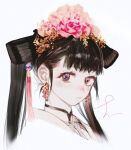  1girl bangs blush brown_hair closed_mouth earrings flower hair_flower hair_ornament highres jewelry looking_at_viewer original pigeon666 pink_flower portrait signature simple_background solo tassel twintails violet_eyes white_background 