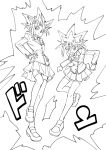  2boys bangs blush bow bowtie buttons closed_mouth commentary_request crossdressinging fushitasu greyscale hands_on_hips jacket long_sleeves looking_to_the_side male_focus monochrome multiple_boys mutou_yuugi pleated_skirt shoes skirt smile spiky_hair thigh-highs yami_yuugi yu-gi-oh! 