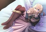  1girl blonde_hair blue_eyes boots brooch cross-laced_footwear doll_hug ferrumflos1st hair_between_eyes highres jewelry knee_boots kyoto_animation lace-up_boots legs_together lying mechanical_hands on_back pillow pink_skirt skirt solo stuffed_animal stuffed_dog stuffed_toy violet_evergarden violet_evergarden_(character) 