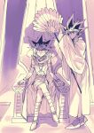  2boys atem black_hair bright_pupils cape closed_mouth commentary_request crossed_legs fan fushitasu holding holding_fan indoors jewelry looking_up male_focus millennium_puzzle multicolored_hair multiple_boys mutou_yuugi robe shoes sitting spiky_hair standing throne yu-gi-oh! 
