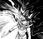 1boy armlet atem black_hair cape commentary_request egyptian from_above fushitasu greyscale holding looking_at_viewer male_focus monochrome parted_lips shirt sketch smirk solo spiky_hair yu-gi-oh! 