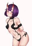  1girl arms_behind_back bangs bare_shoulders bob_cut breasts collarbone eyeliner fate/grand_order fate_(series) highres horns looking_at_viewer makeup navel oni oni_horns open_mouth purple_hair revealing_clothes selarz short_hair shuten_douji_(fate) skin-covered_horns small_breasts solo violet_eyes 