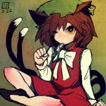  1girl animal_ears bow bowtie brown_eyes brown_hair cat_ears cat_tail chen dress gold_trim green_background hat indian_style jewelry maaru_(akira428) mob_cap mouth_hold nekomata one_eye_closed red_dress short_hair simple_background single_earring sitting solo tail touhou white_neckwear 