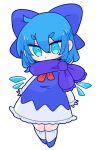  1girl bangs blue_dress blue_eyes blue_footwear blue_hair blue_scarf cirno dress fairy_wings flat_chest highres ice ice_wings long_dress neck_ribbon op_na_yarou puffy_short_sleeves puffy_sleeves red_ribbon ribbon scarf shirt shoes short_hair short_sleeves simple_background socks solo touhou v-shaped_eyebrows white_background white_shirt wings 